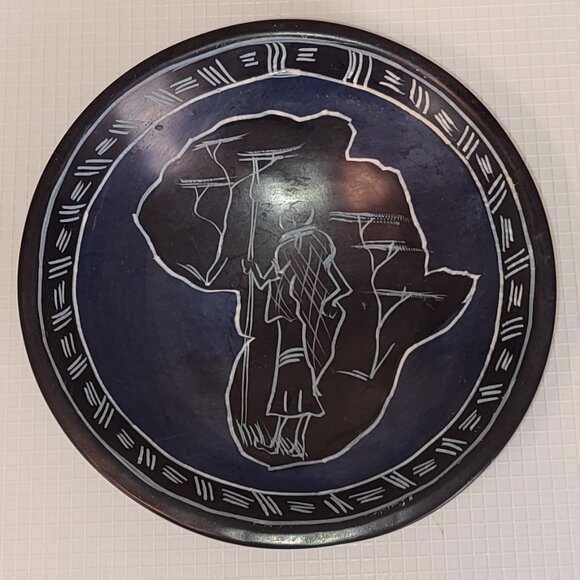 Masai Soap Stone Bowl Dark Blue Ethnic African Map Kenya Tanzania Folk Art - Picture 1 of 13